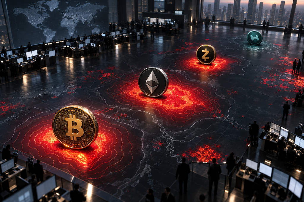 Liquidation map shows clustered long risk below spot for BTC, ETH and ZEC