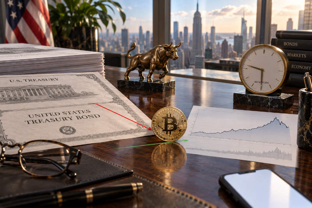 Bitcoin holds a local higher-low structure as US Treasury yields pull back from 24-year highs