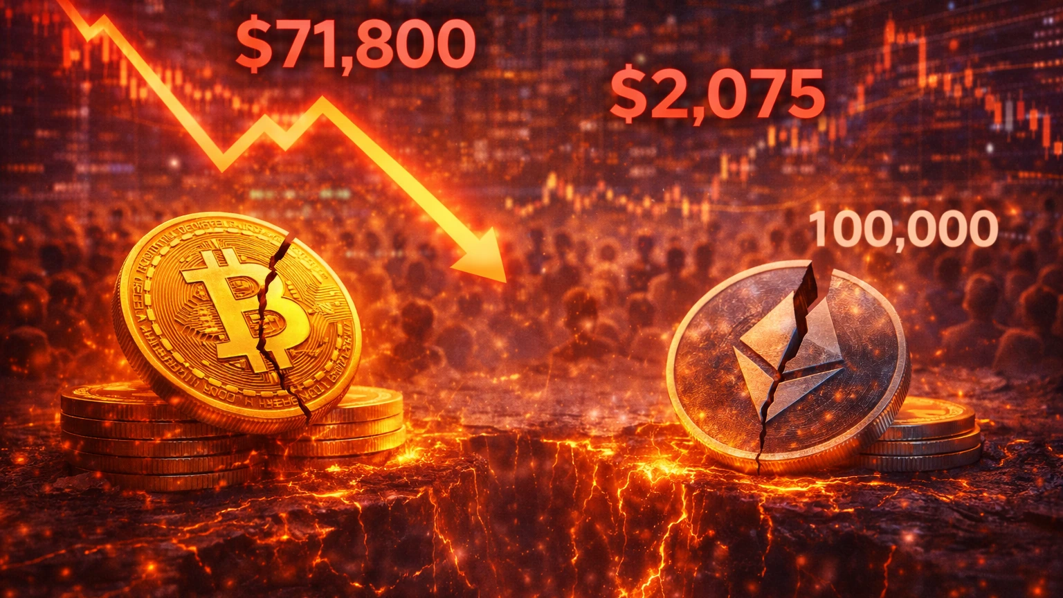 Bitcoin Drops Below $71,800 as Ether Hits $2,075, Liquidations Reach $623 Million