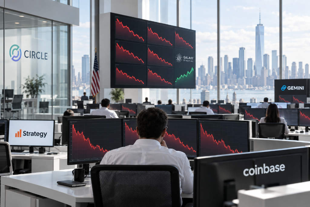 Bitget data shows broad losses in U.S.-listed crypto stocks, with Strategy down more than 4%