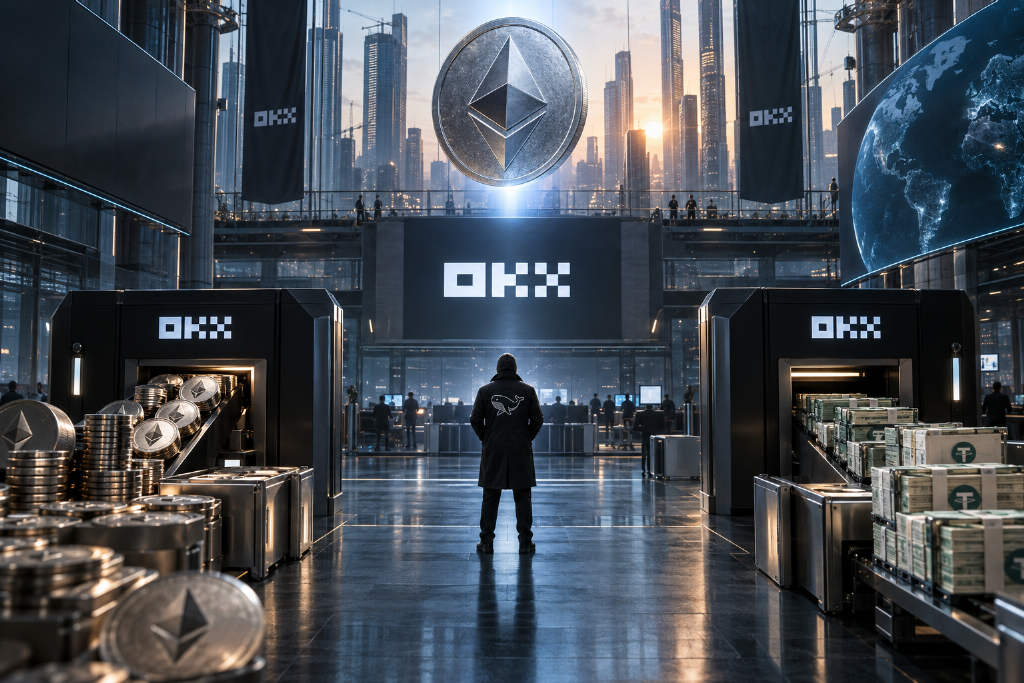 某鲸鱼地址向 OKX 充入 3333 枚 ETH 后提出 592 万 USDT