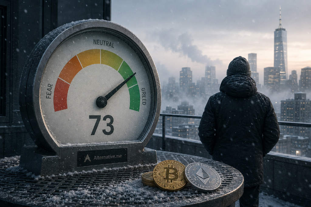 Crypto Fear & Greed Index Drops to 73, Market Still in 'Greed'