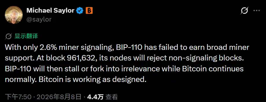 仅 2.6% 矿工支持 BIP-110,Michael Saylor 称其将停滞或无关紧要