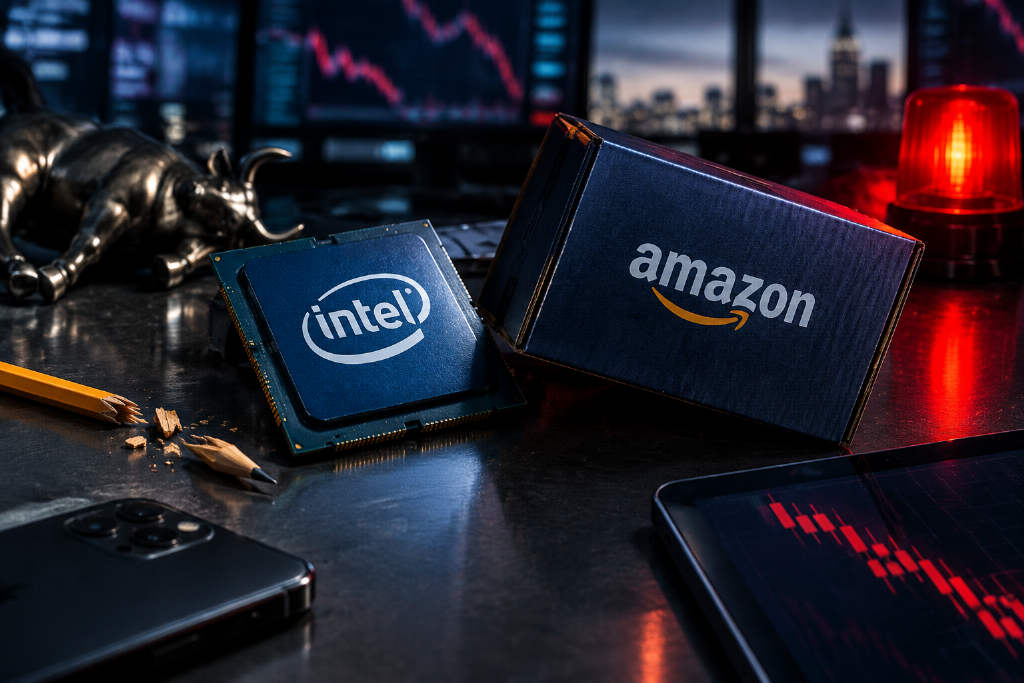 美股相关合约 24 小时跌幅扩大，INTC 与 AMZN 走低