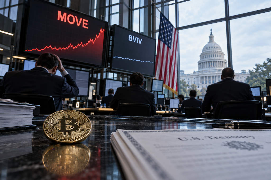 Bond volatility jumps to 104 while Bitcoin options stay near yearly lows
