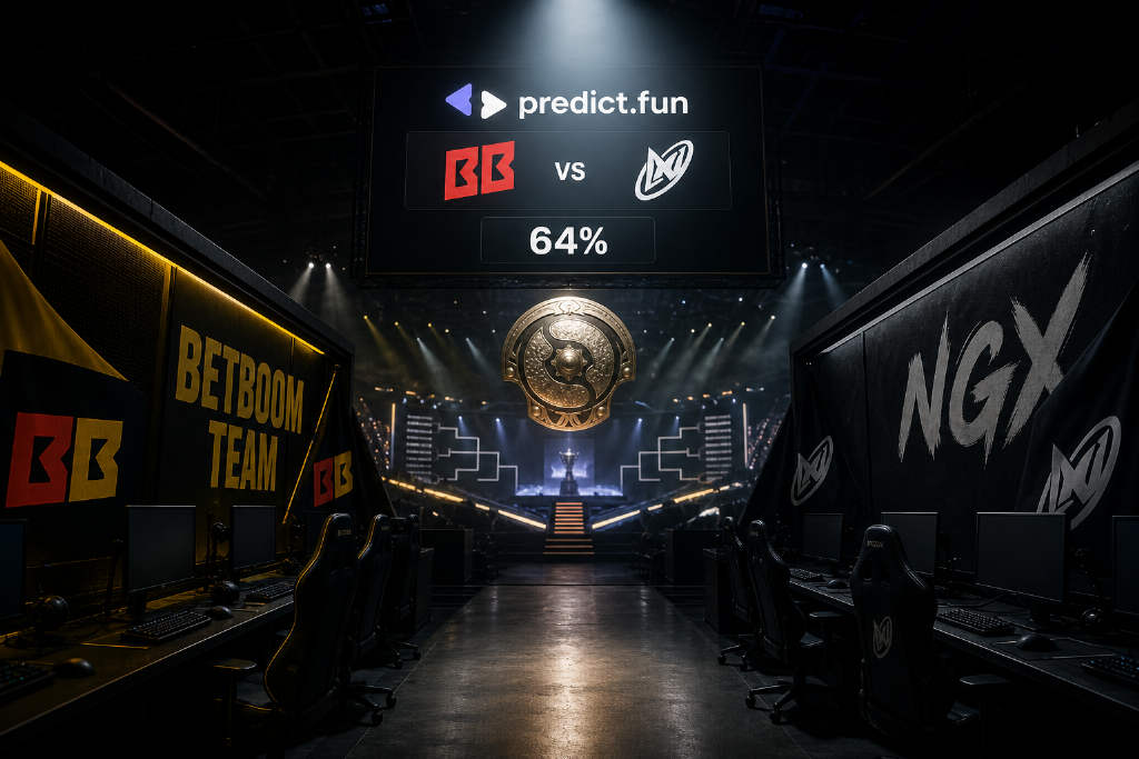 predict.fun 显示 BB 对阵 NGX 胜率暂报 64%,败者组今午开打